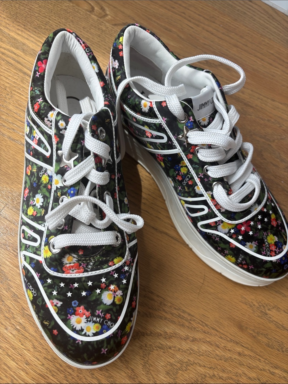 Jimmy Choo Black Floral Leather Platform Sneakers with White Laces